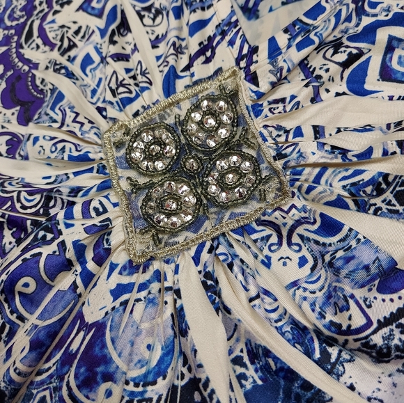 Apt. 9 Blue Cream Tan Design Beaded Detail Sleeveless Stretch Tunic Blouse Sz S - Picture 2 of 9